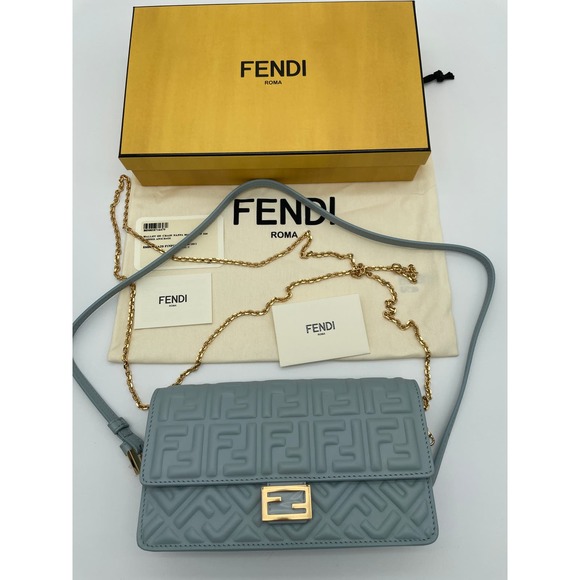 BRAND NEW FENDI LEATHER NAPPA FF BLUE BAGUETTE CHAIN BAG PURSE BOX NIB! - Picture 5 of 16